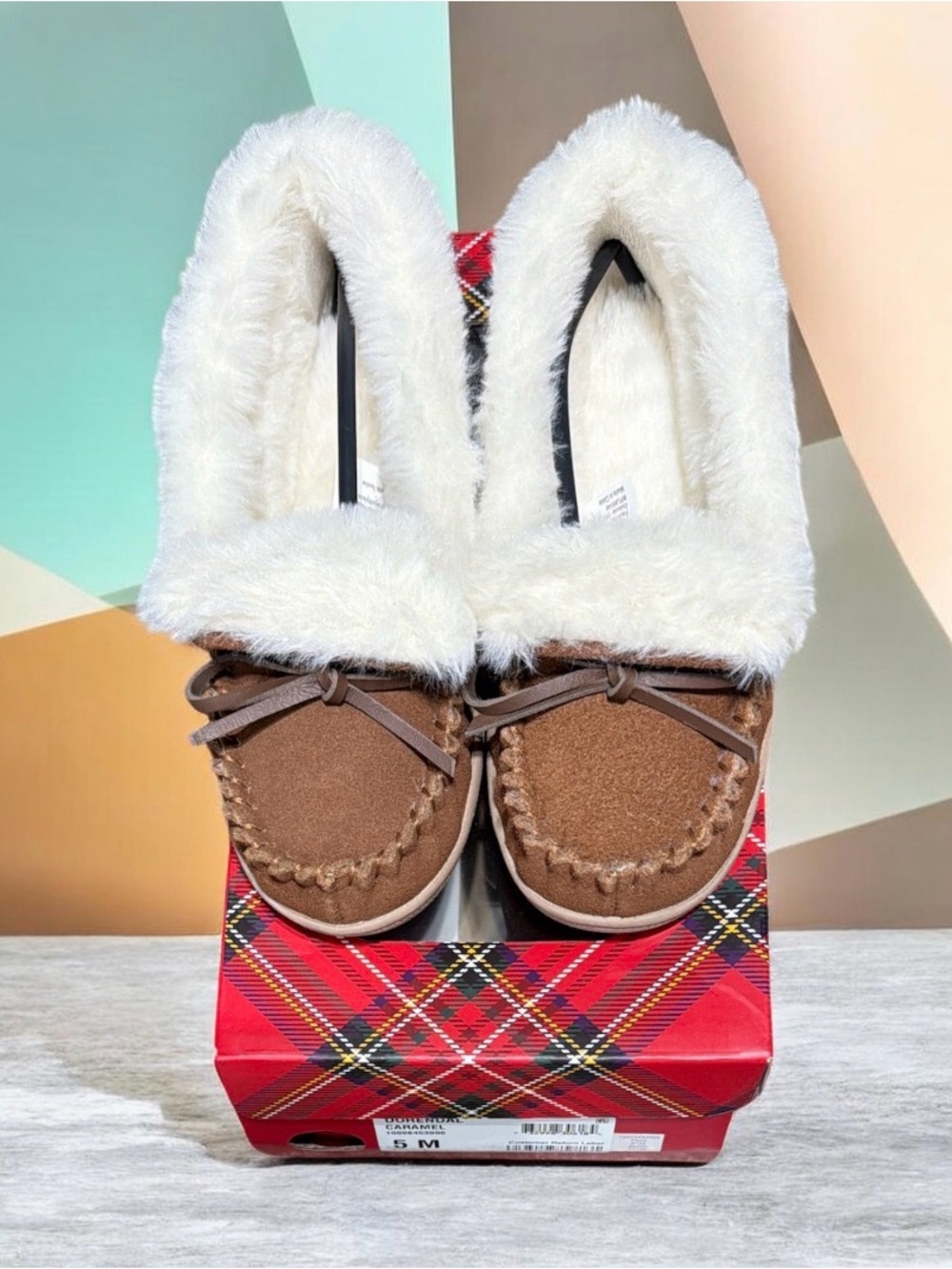 Charter Club Caramel Faux-Suede Moccasin Slippers with Cream Faux-Fur Trim